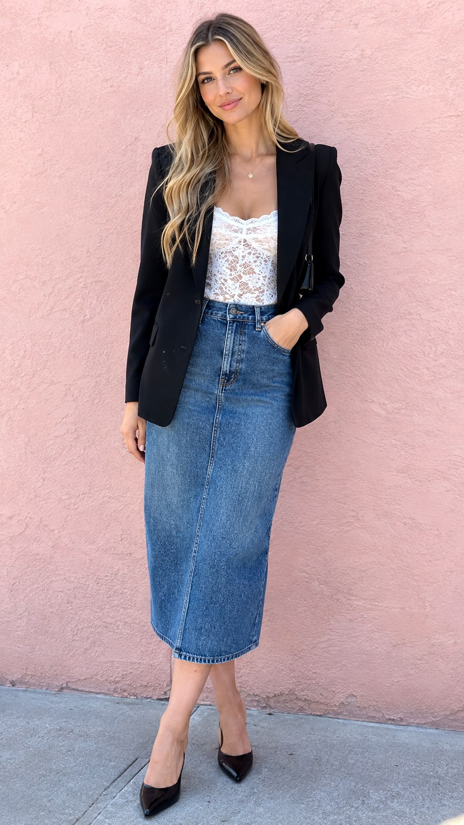 Romantic Lace Top and Denim Skirt With Black Blazer - 22 black blazer outfit ideas