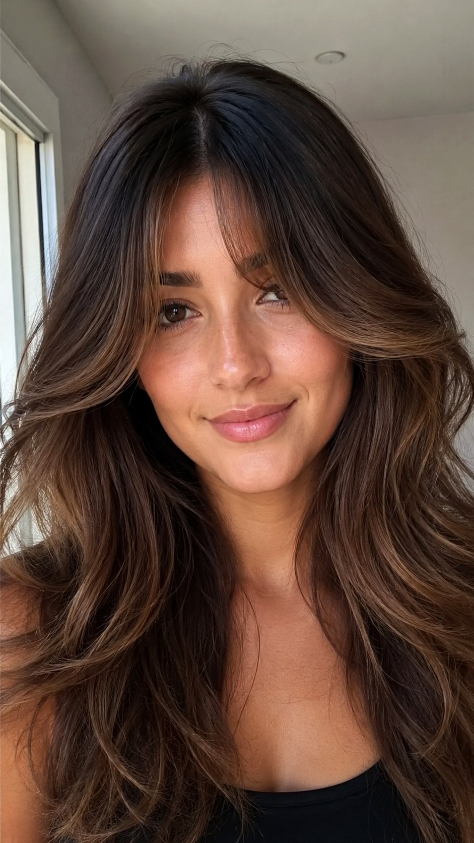 Root Shadowed Brunette Curtain Bangs - 22 Curtain Bangs Long Hair Ideas