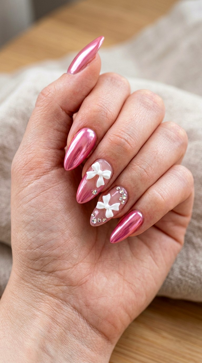 Rose Chrome Acrylic Glam - 23 girly acrylic nail ideas