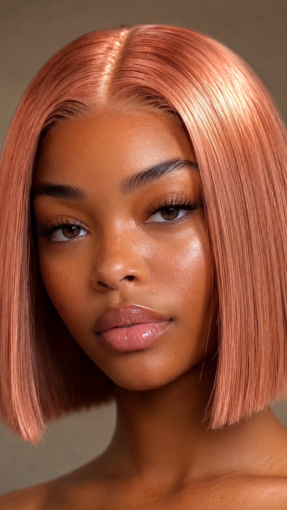 Rose Gold All Over on a Blunt Cut - 23 hair color for brown skin ideas