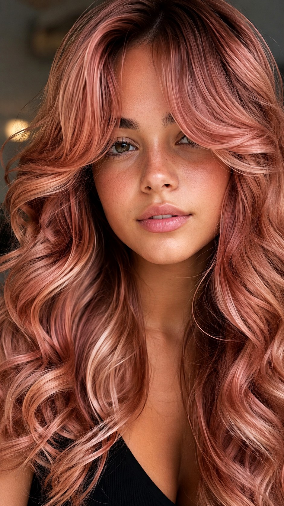 Rose Gold Layered Curls - 25 Long Layers with Curtain Bangs Ideas