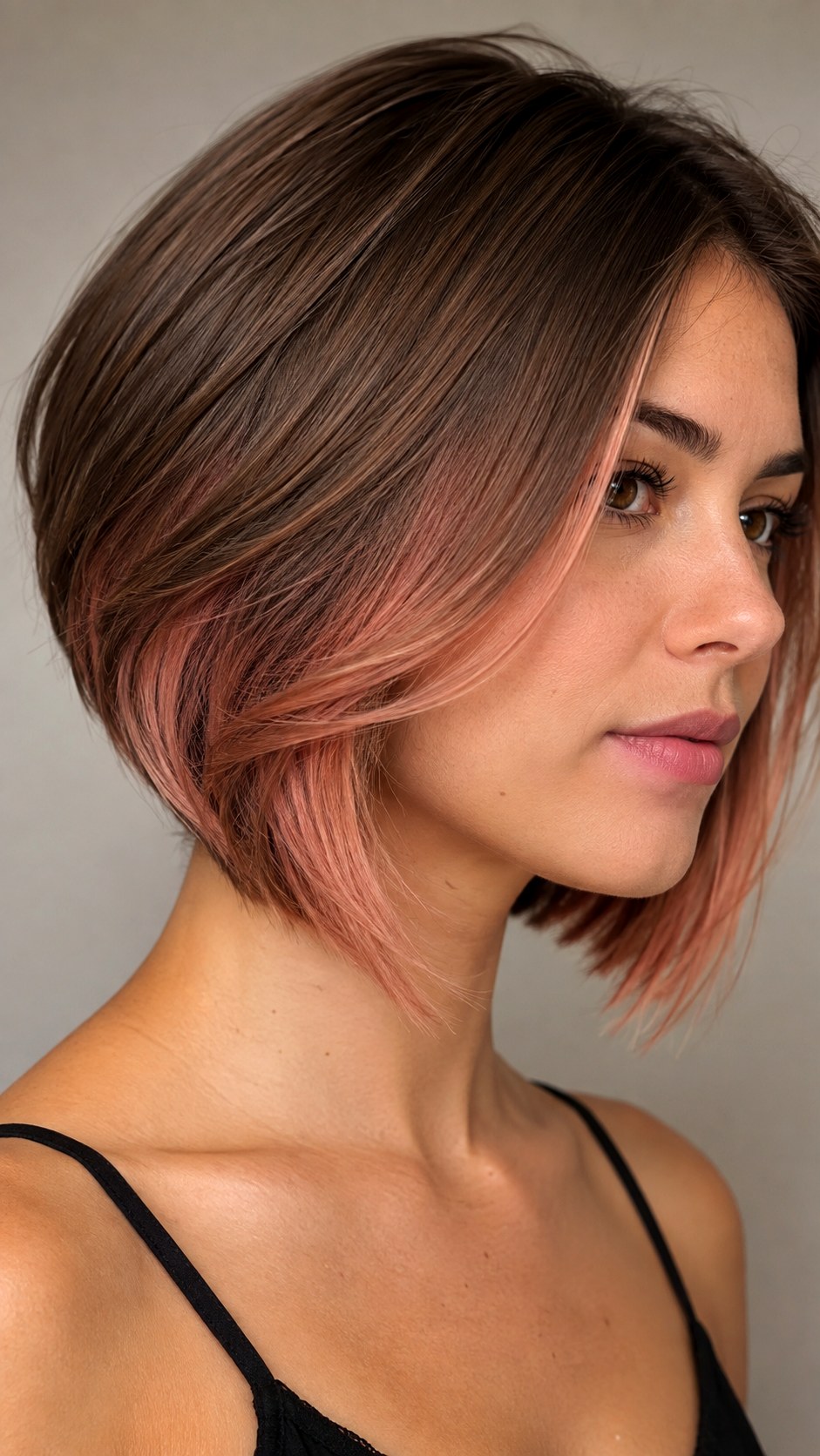 Rose Gold Peekaboos on Stacked Bob - 24 short hair highlights ideas