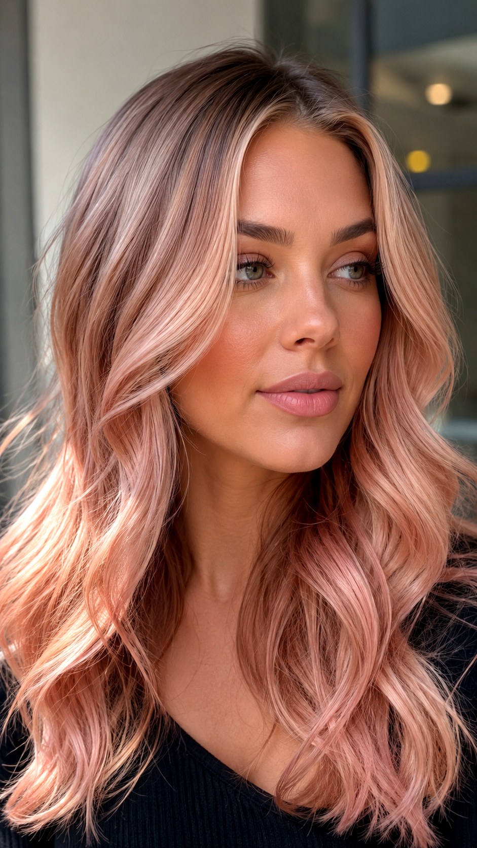 Rose Gold Sweep on Wavy Ends - 23 wavy hair highlights ideas