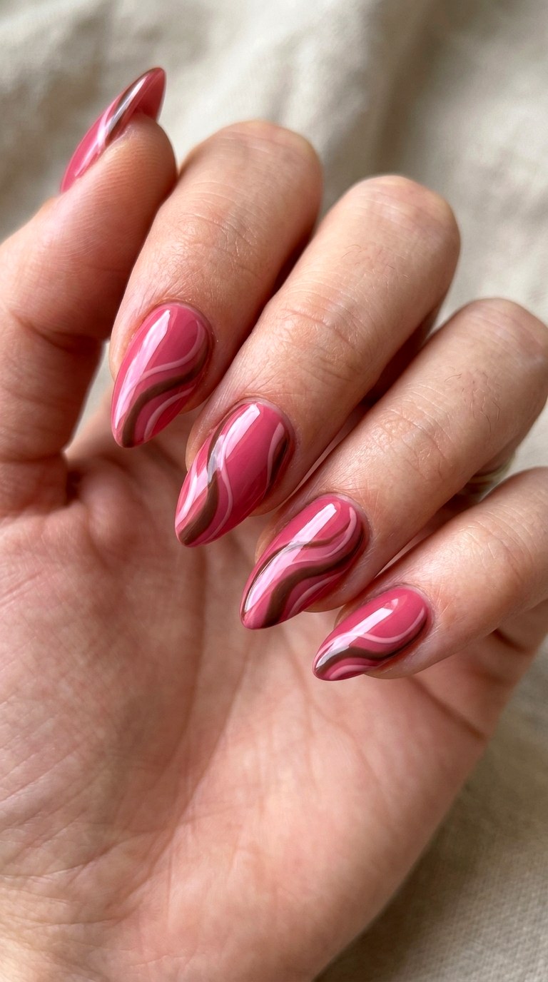 Rose Pink And Cocoa Waves - 22 short stilleto nail with pink and brown nail art inspiration ideas