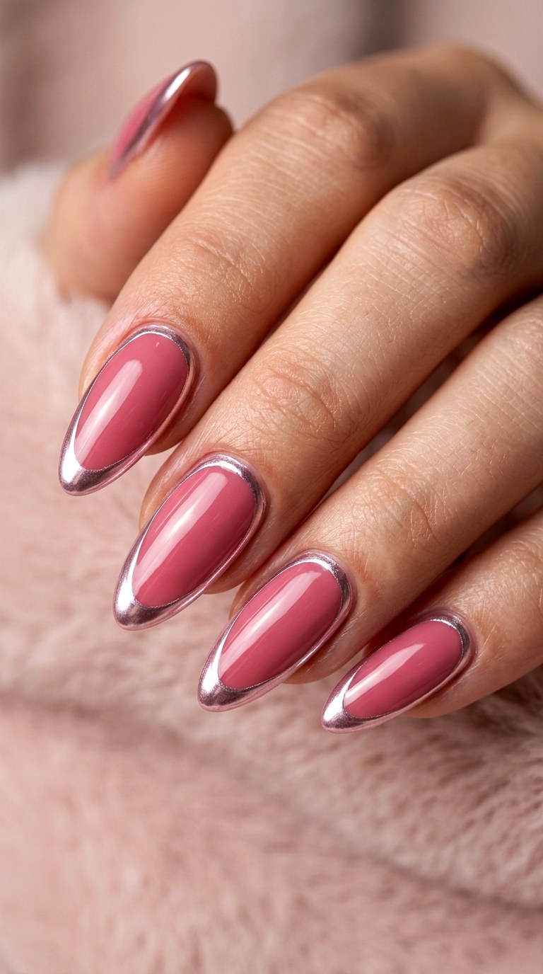 Rose Pink Chrome Borders - 20 luxury Chrome outline nail ideas
