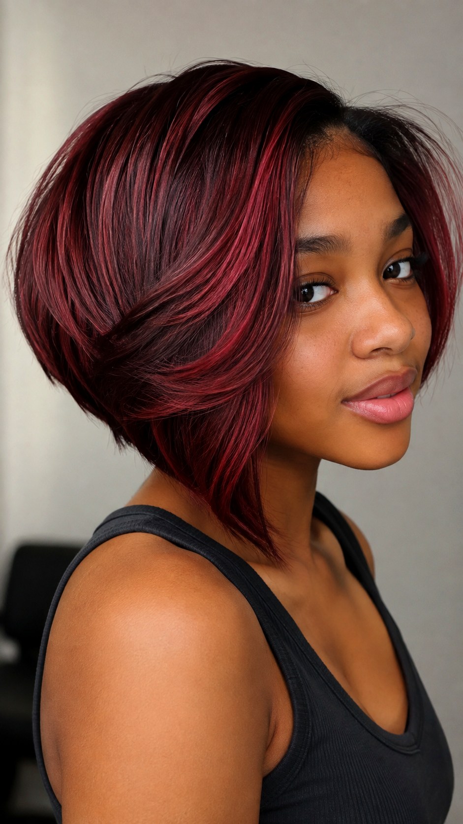 Ruby Red Full Highlights on Inverted Bob - 24 short hair highlights ideas