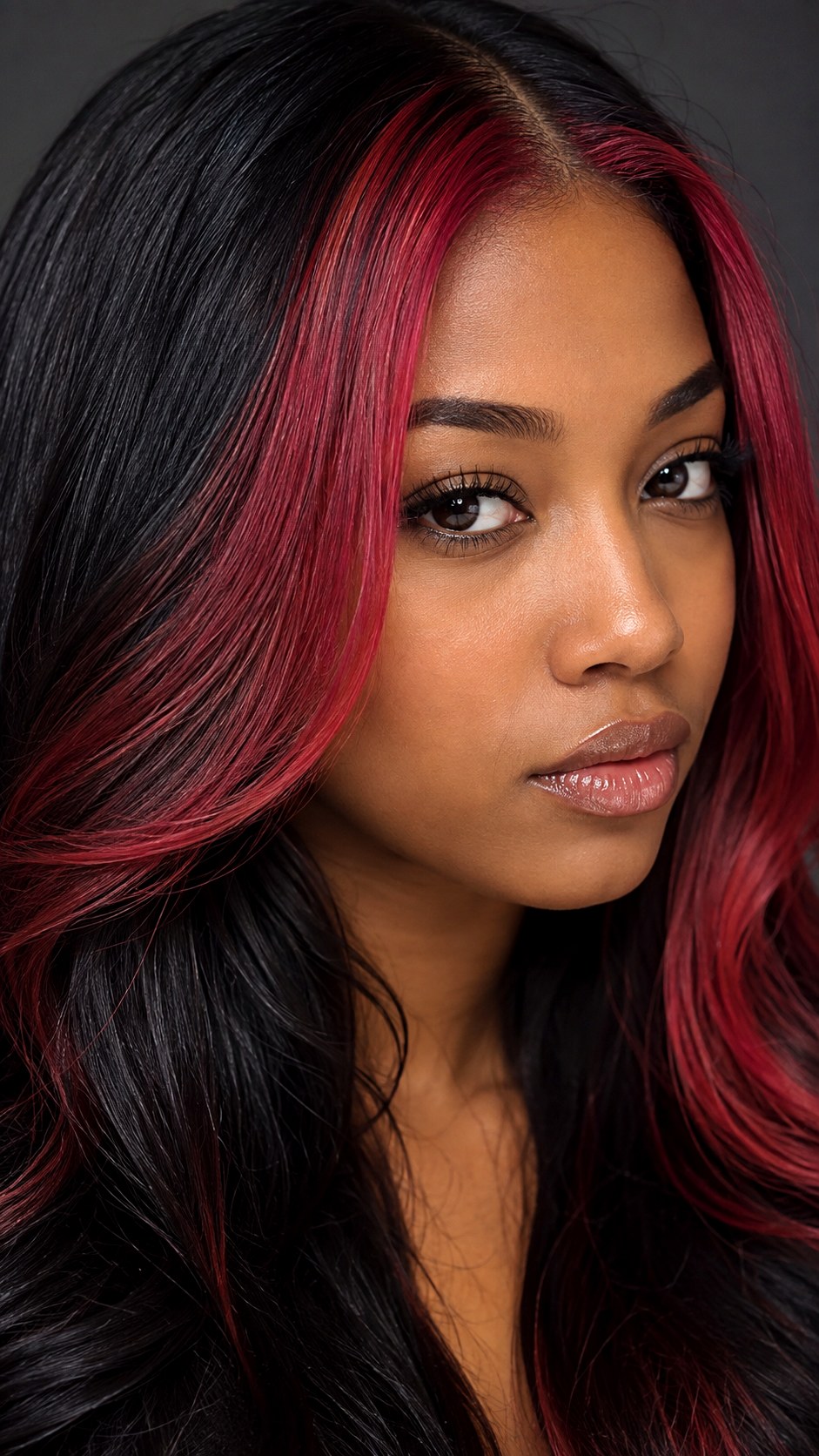 Ruby Red Money Piece on Long Layers - 23 hair color for brown skin ideas