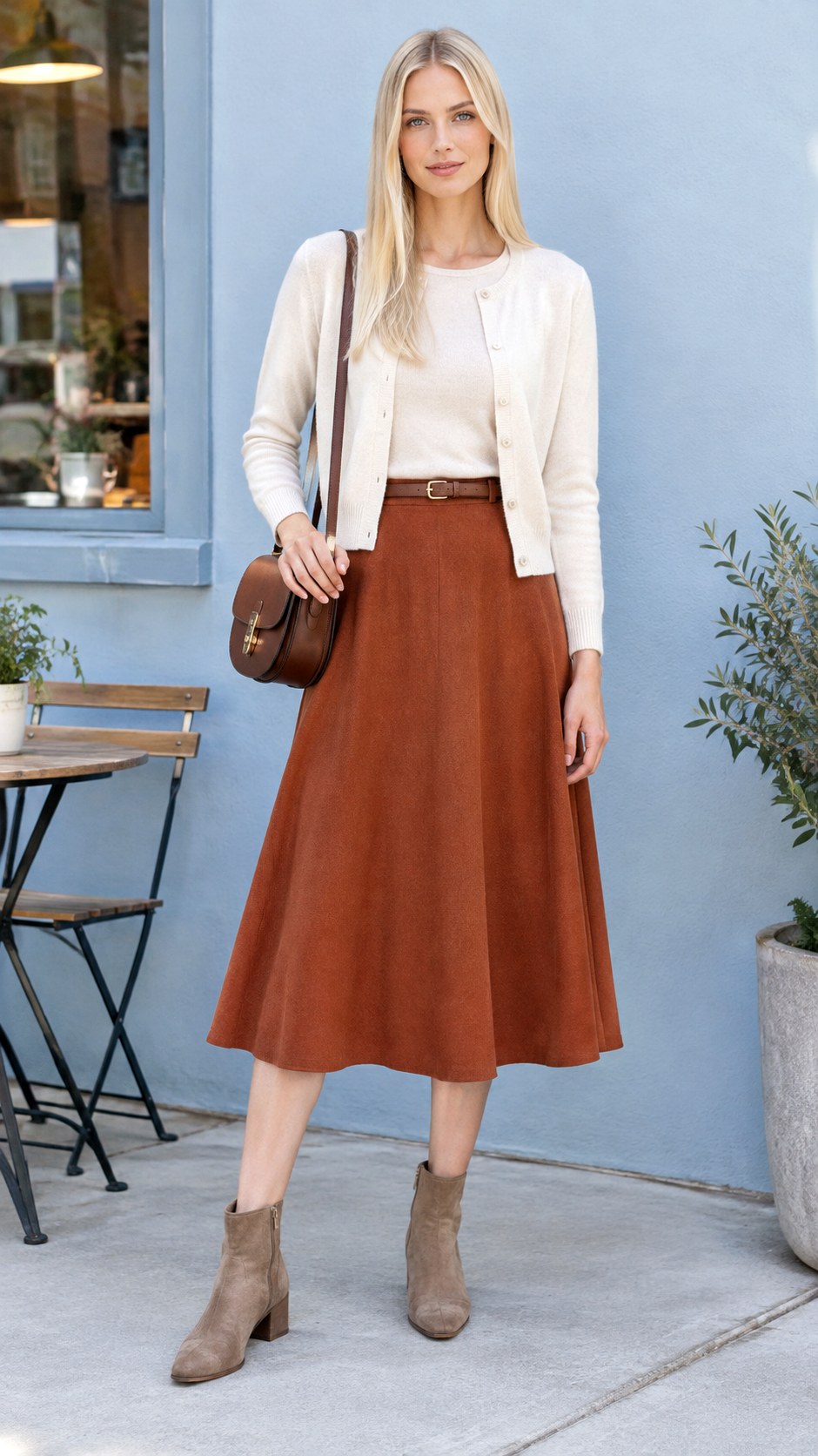 Rust A Line Skirt With Cream Cardigan - 20 fall skirt outfits