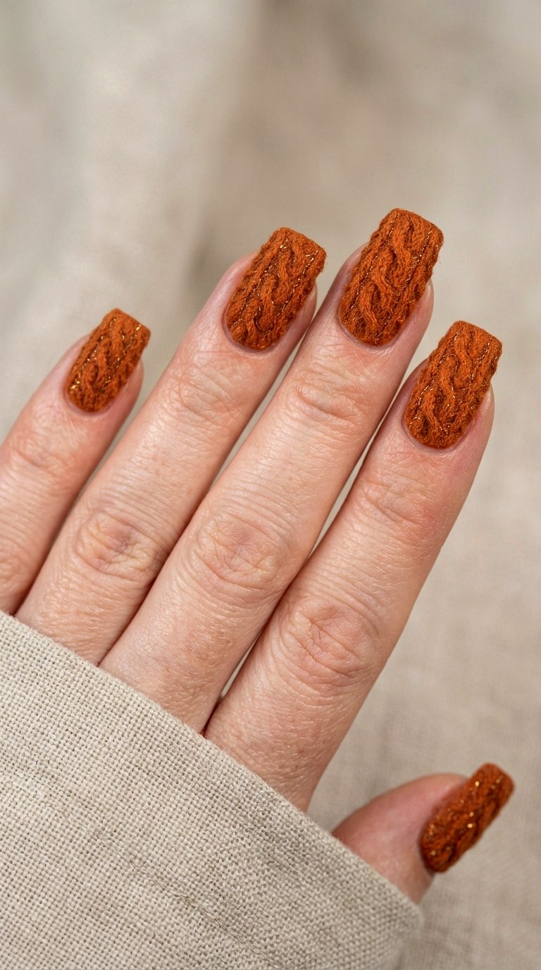 Rust Orange Chunky Knit Nails - 23 sweater nails fall nail art design ideas