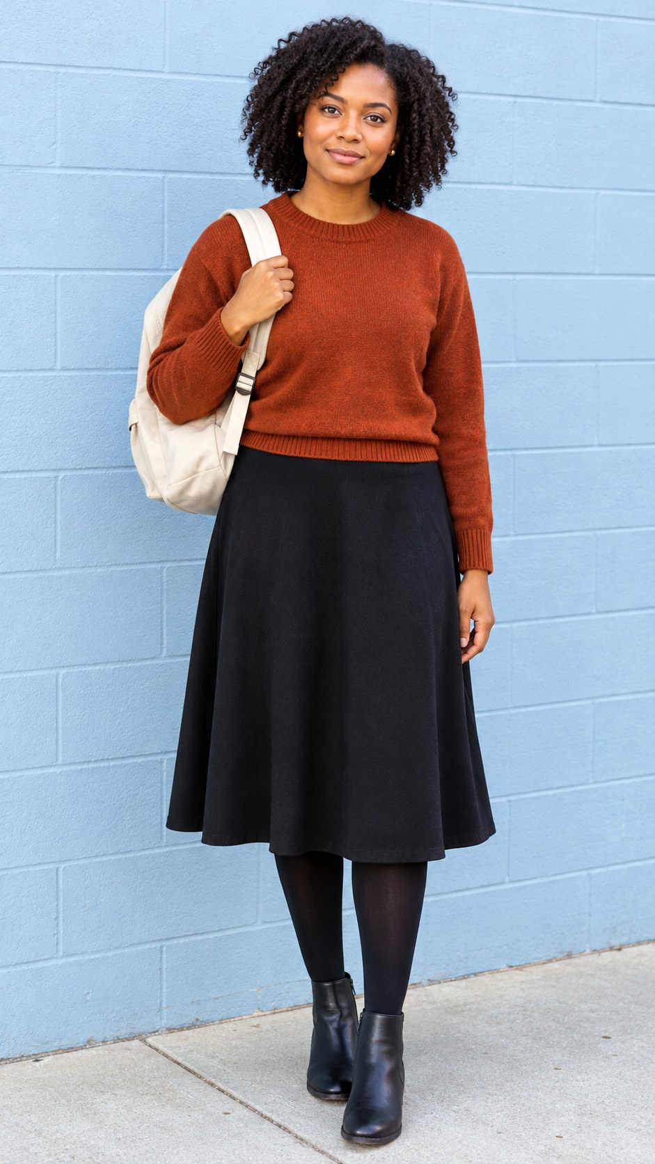 Rust Sweater With Black Midi Skirt - 20 fall outfits for school