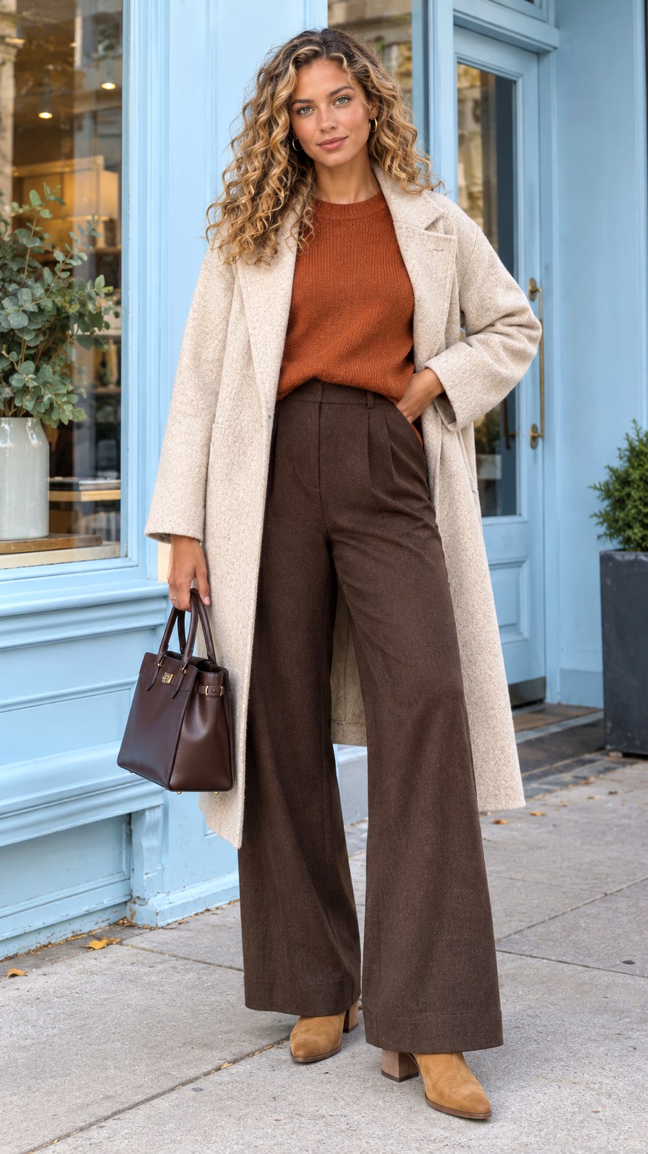 Rust Sweater With Chocolate Wide Leg Trousers - 20 warm autumn outfits