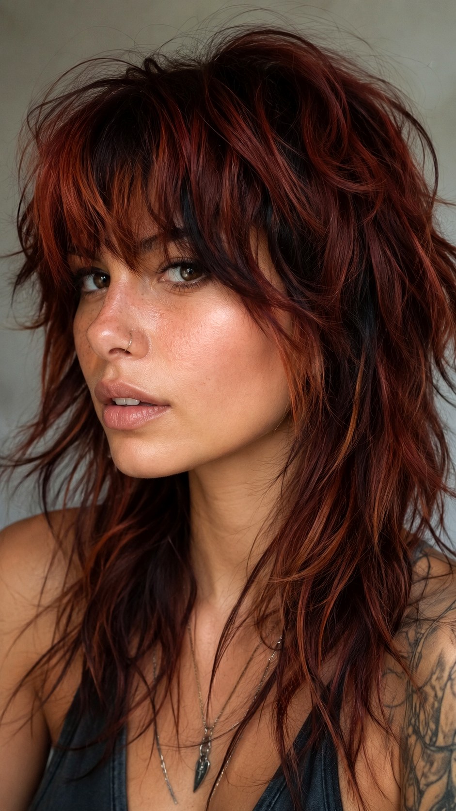 Rustic Copper Highlights on Wolf Cut - 22 red hair color highlights ideas