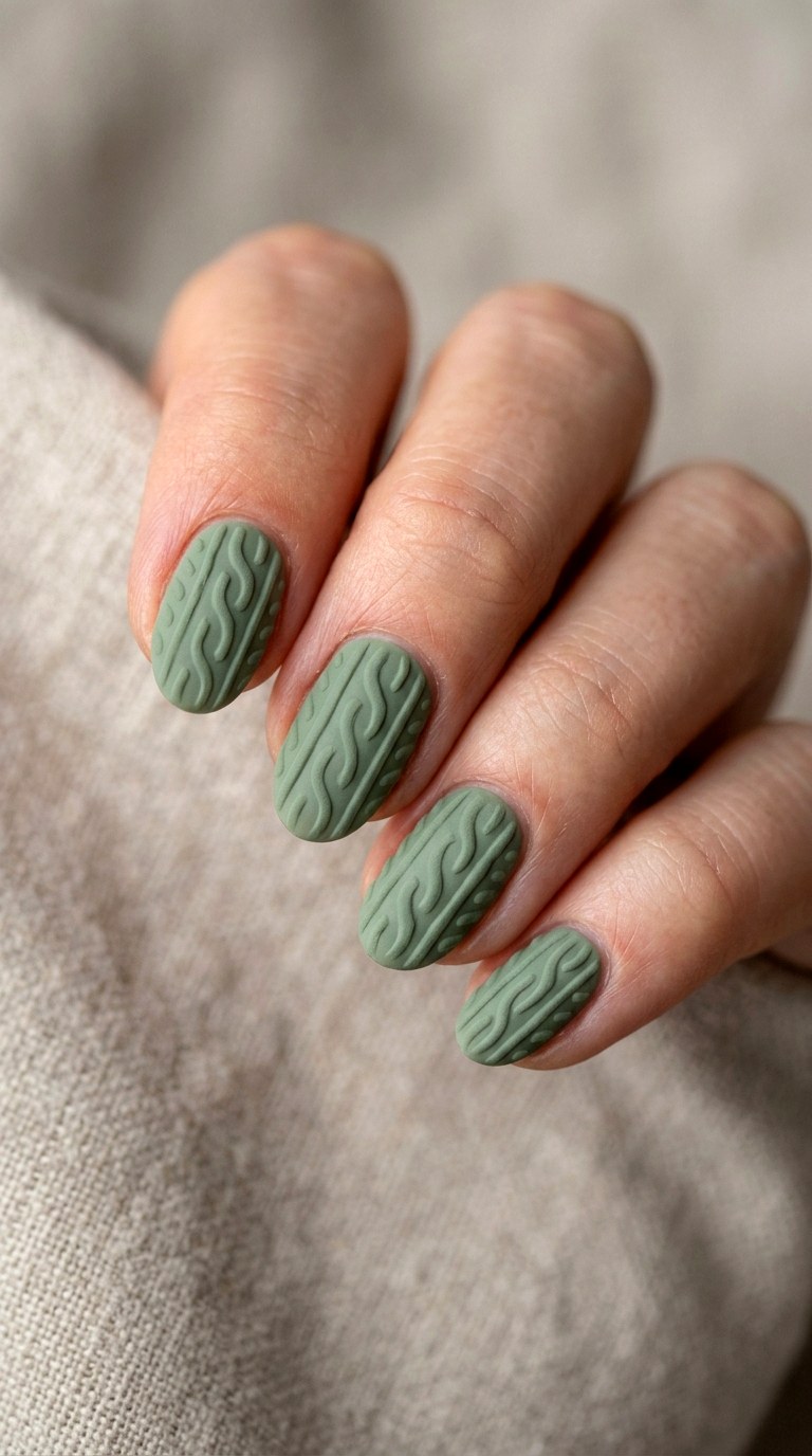Sage Green Cozy Knit Nails - 23 sweater nails fall nail art design ideas
