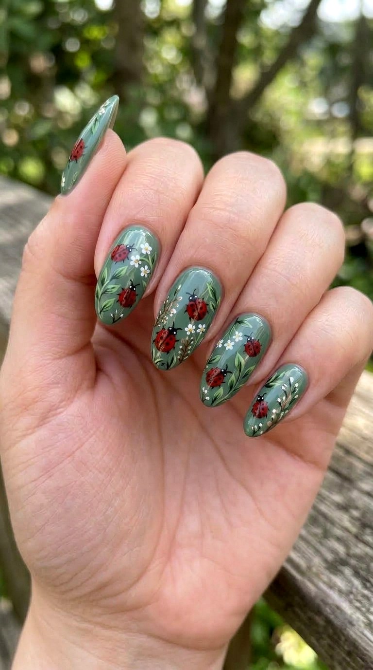 Sage Green Ladybug Nails - 22 Trendy ladybug nail ideas