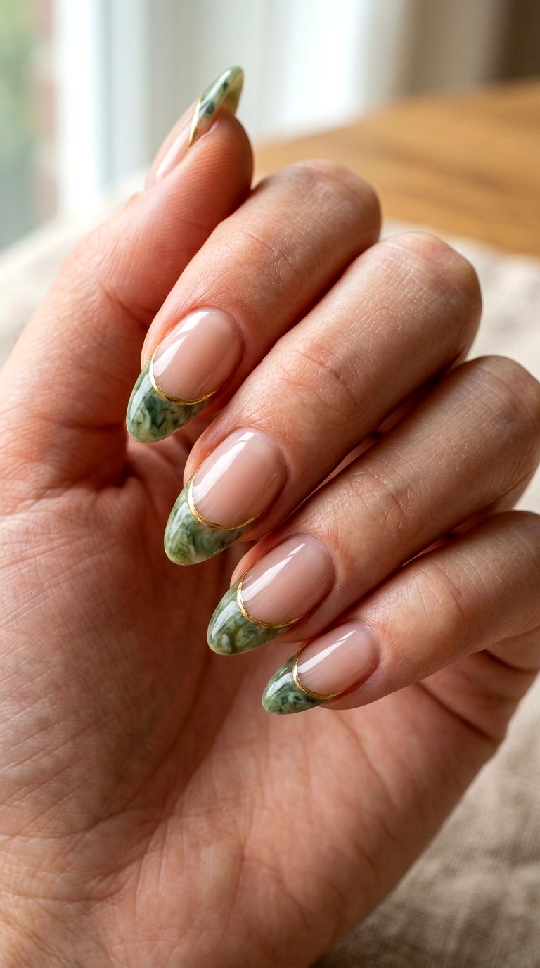Sage Green Stone French Tip Nails - 23 rendering green stone Nail ideas