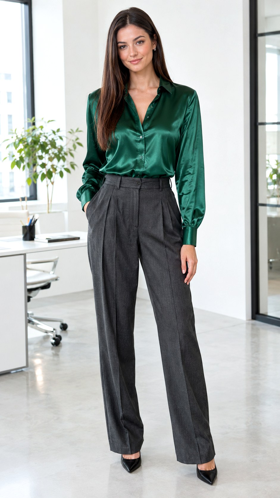 Satin Blouse With Tailored Trousers - 23 fall fashion outfit ideas
