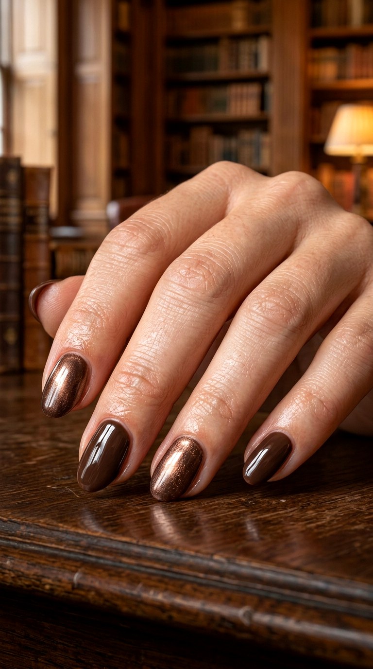 Scholarly Brown Chrome Nails - 25 back to school nail ideas