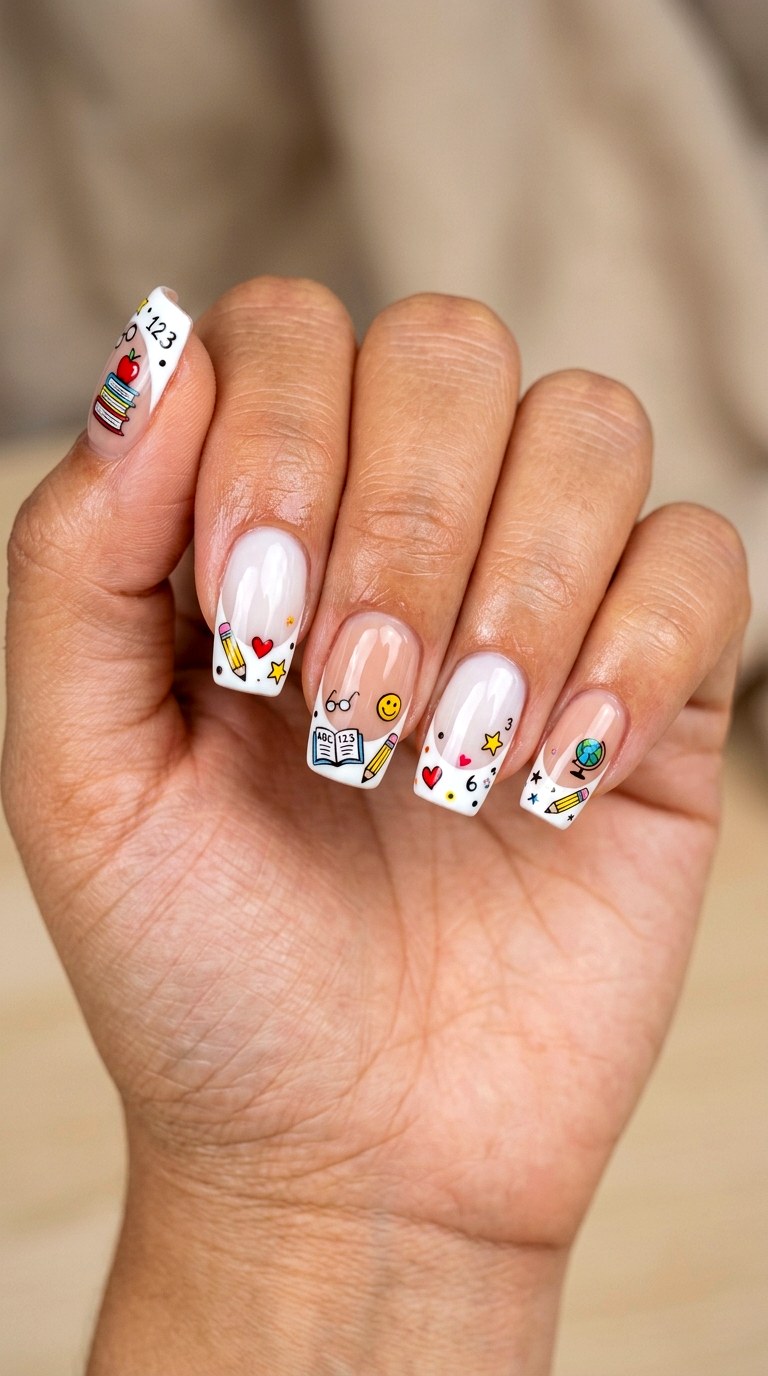 School Doodle French Manicure - 23 cute back to school nail ideas
