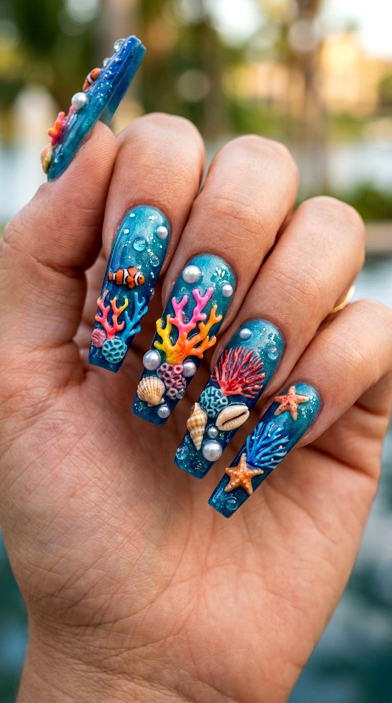 Sculpted Coral Reef Nails - 20 3D Ocean nails idea