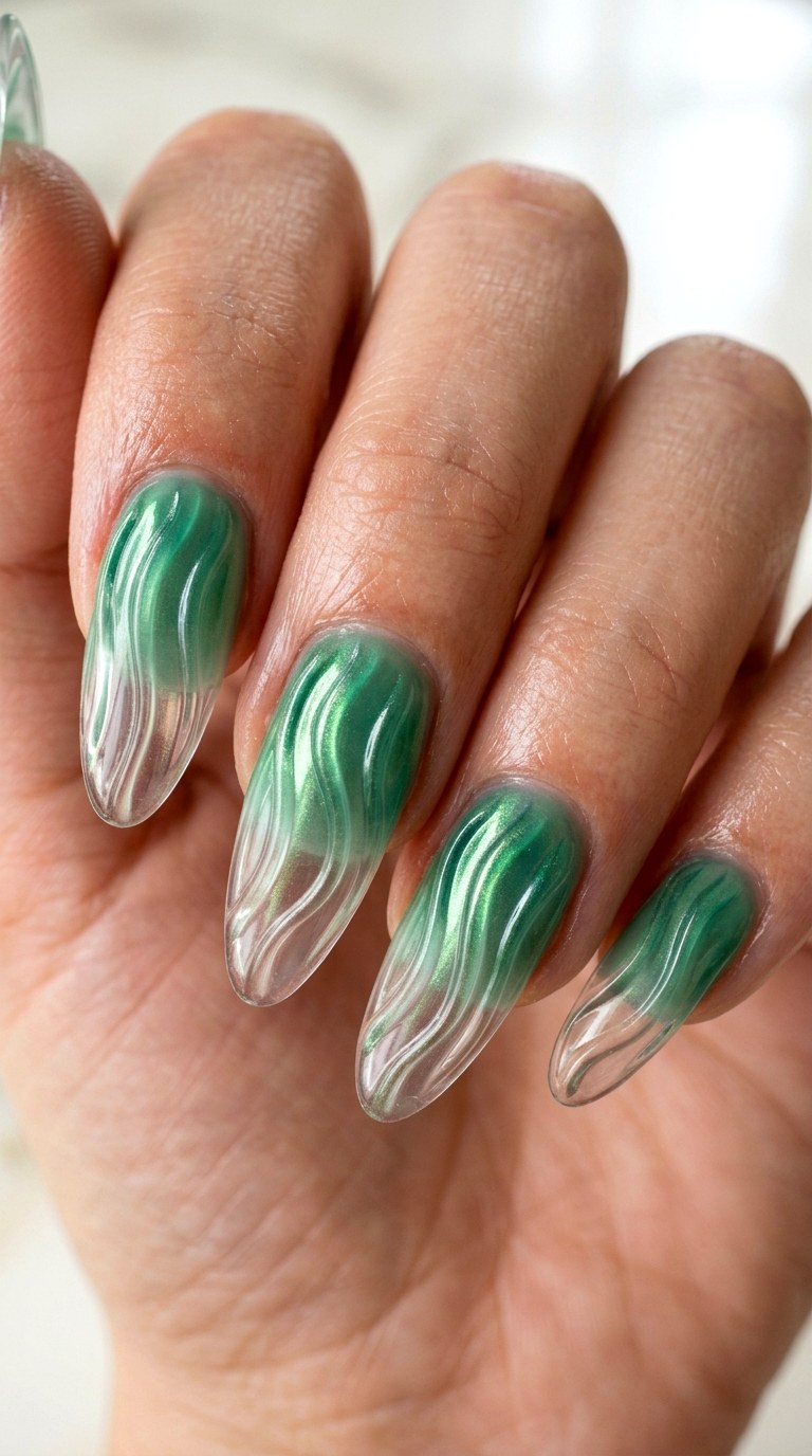 Sculpted Emerald Waterfall Nails - 23 3d green ripple nail art inspiration ideas