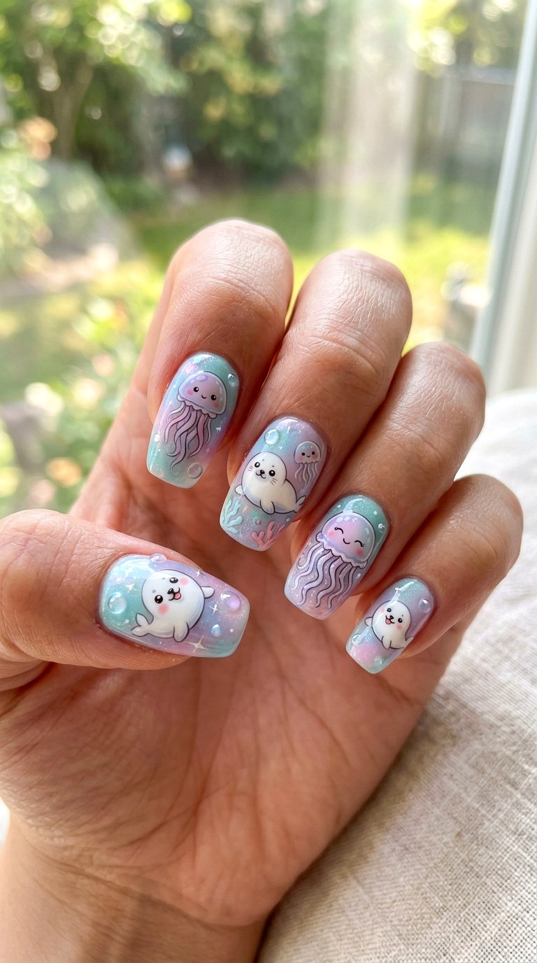 Seal And Jellyfish Friends Nails - 22 little seals cute kawaii nail ideas