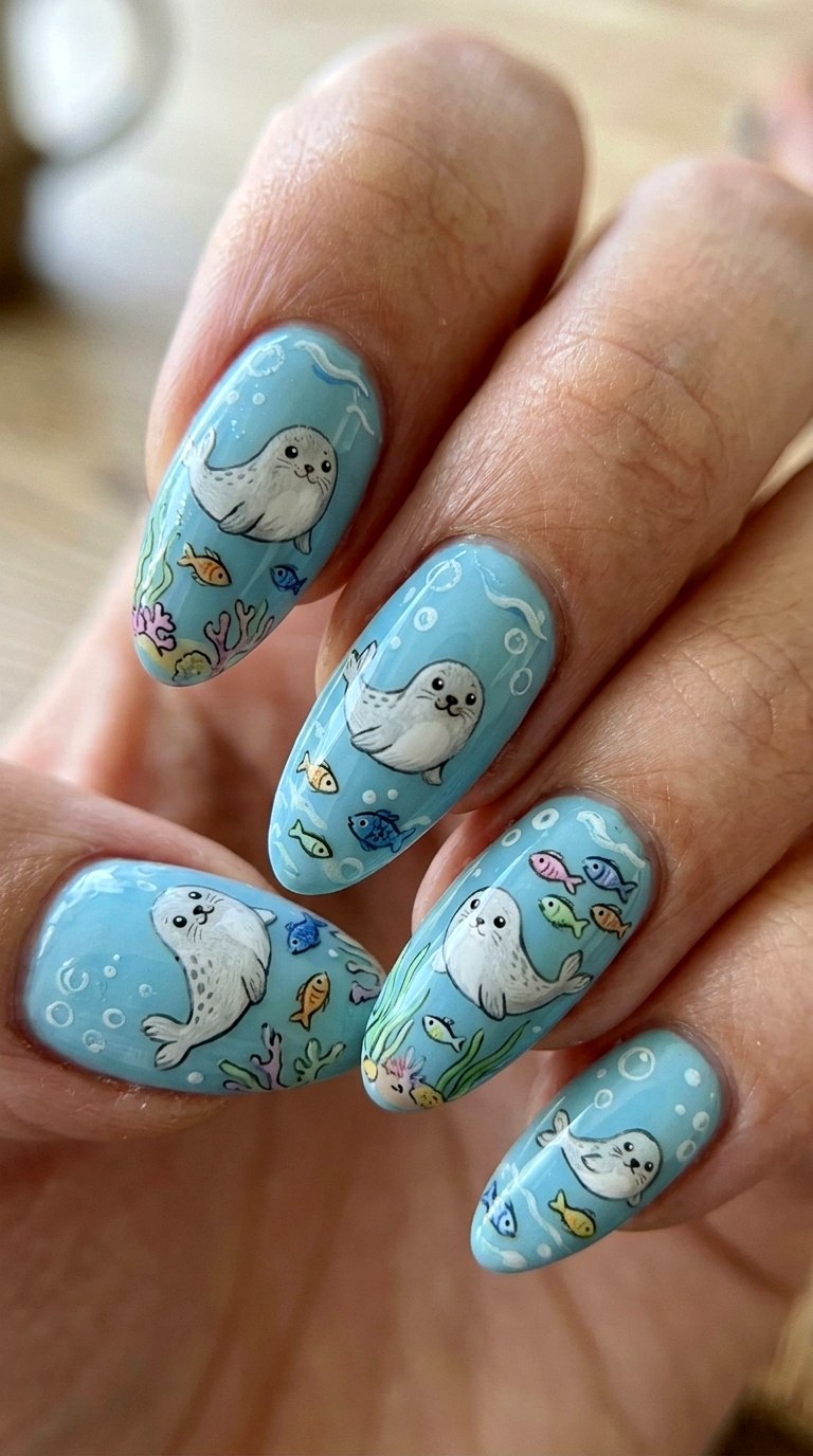 Seal And Tiny Fish Nails - 22 little seals cute kawaii nail ideas