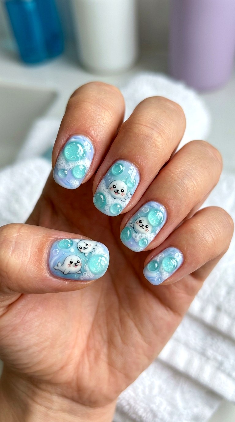 Seal Bubble Bath Nails - 22 little seals cute kawaii nail ideas