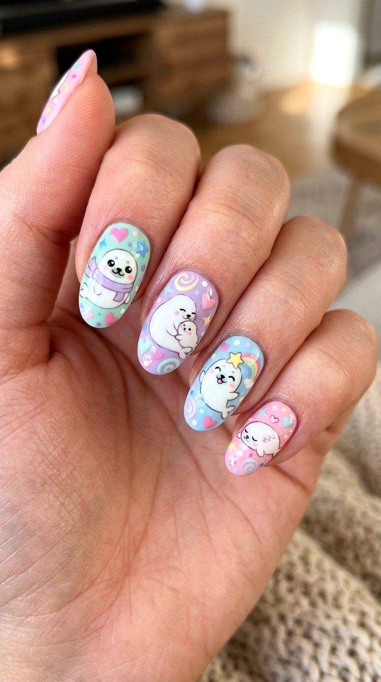 Seal Candy Pastel Nails - 22 little seals cute kawaii nail ideas