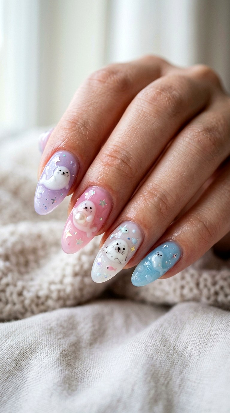 Seal Milk Jelly Nails - 22 little seals cute kawaii nail ideas