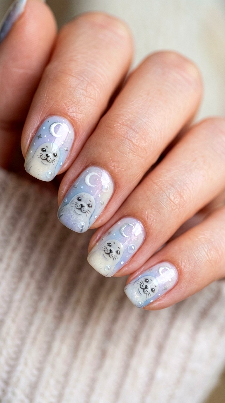 Seal Moonlight Nails - 22 little seals cute kawaii nail ideas