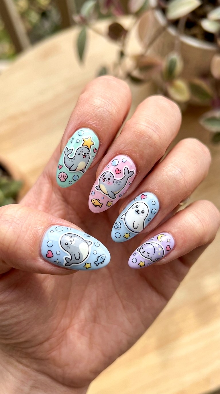 Seal Ocean Sticker Style Nails - 22 little seals cute kawaii nail ideas