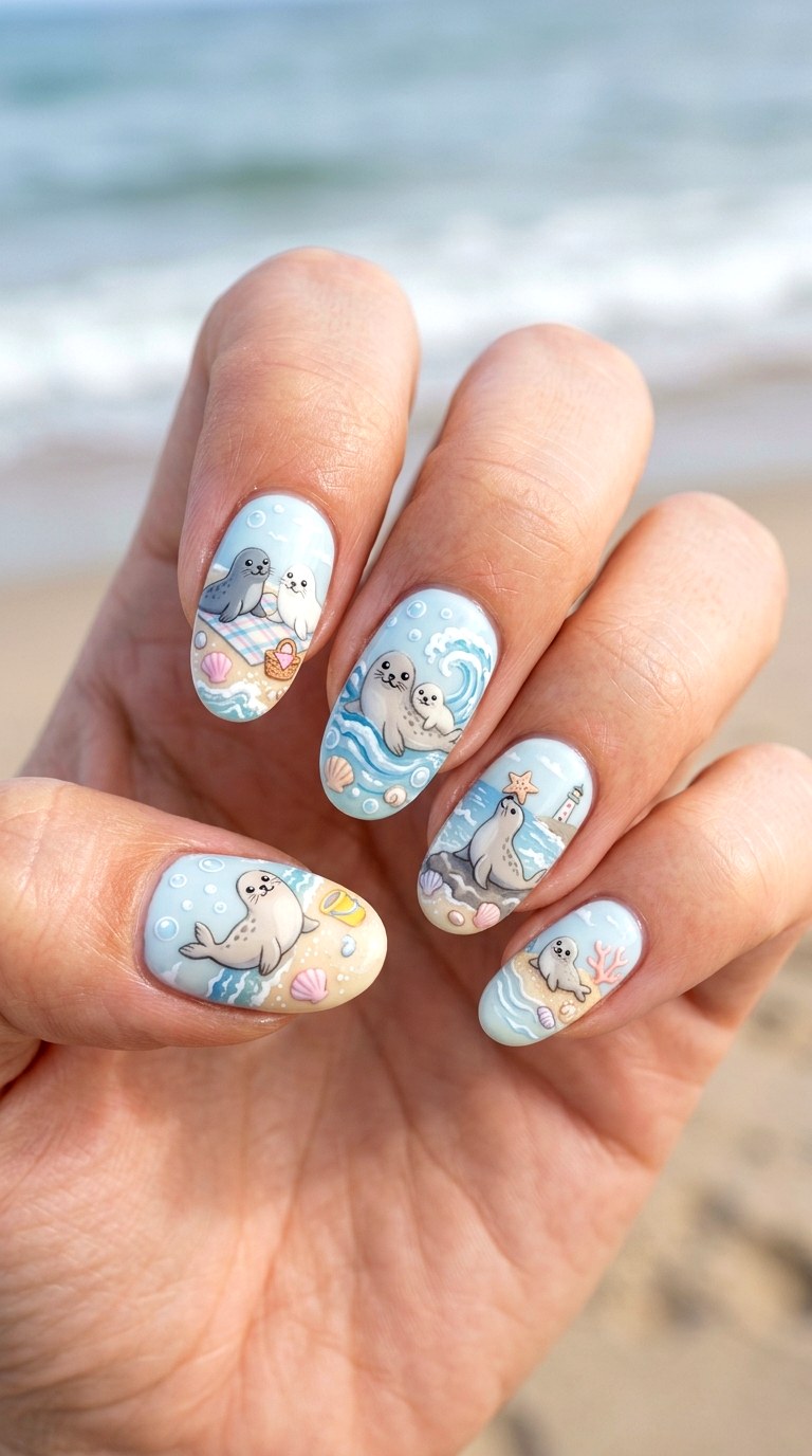 Seal Picnic By The Sea Nails - 22 little seals cute kawaii nail ideas