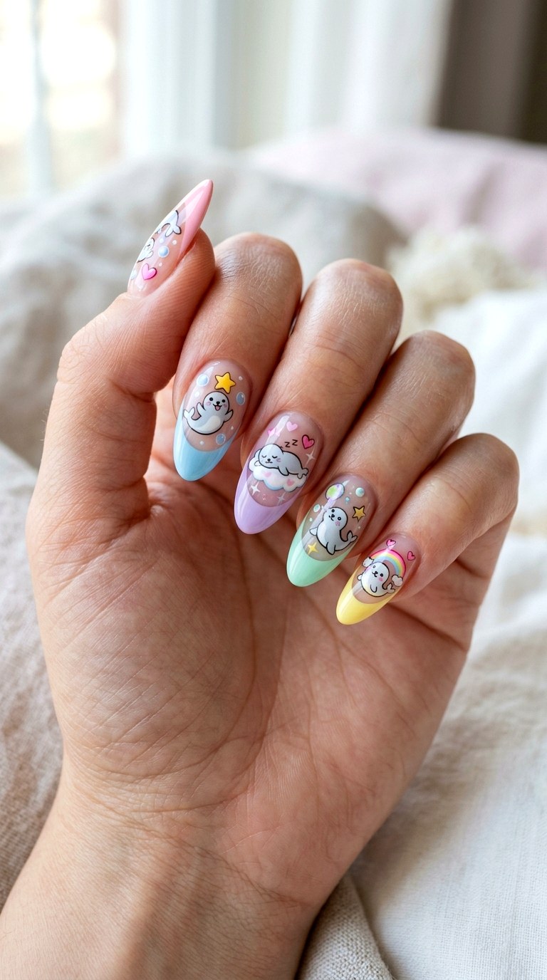 Seal Rainbow French Tips Nails - 22 little seals cute kawaii nail ideas
