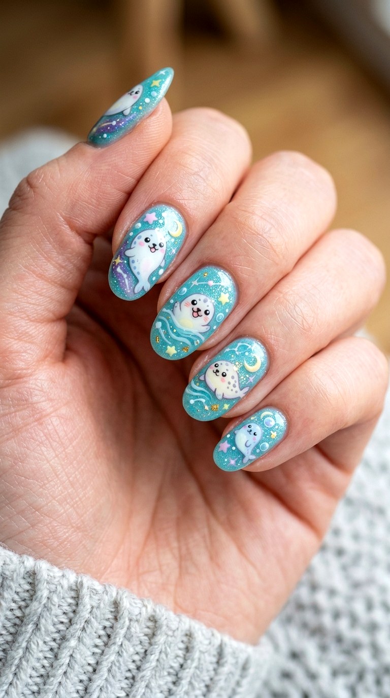 Seal Starry Ocean Nails - 22 little seals cute kawaii nail ideas