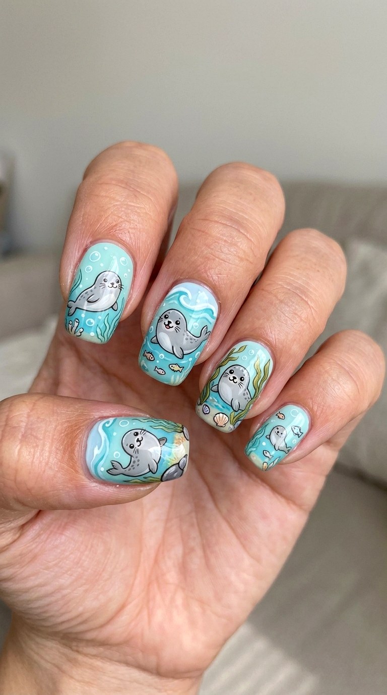 Seals Under The Sea Nails - 22 little seals cute kawaii nail ideas