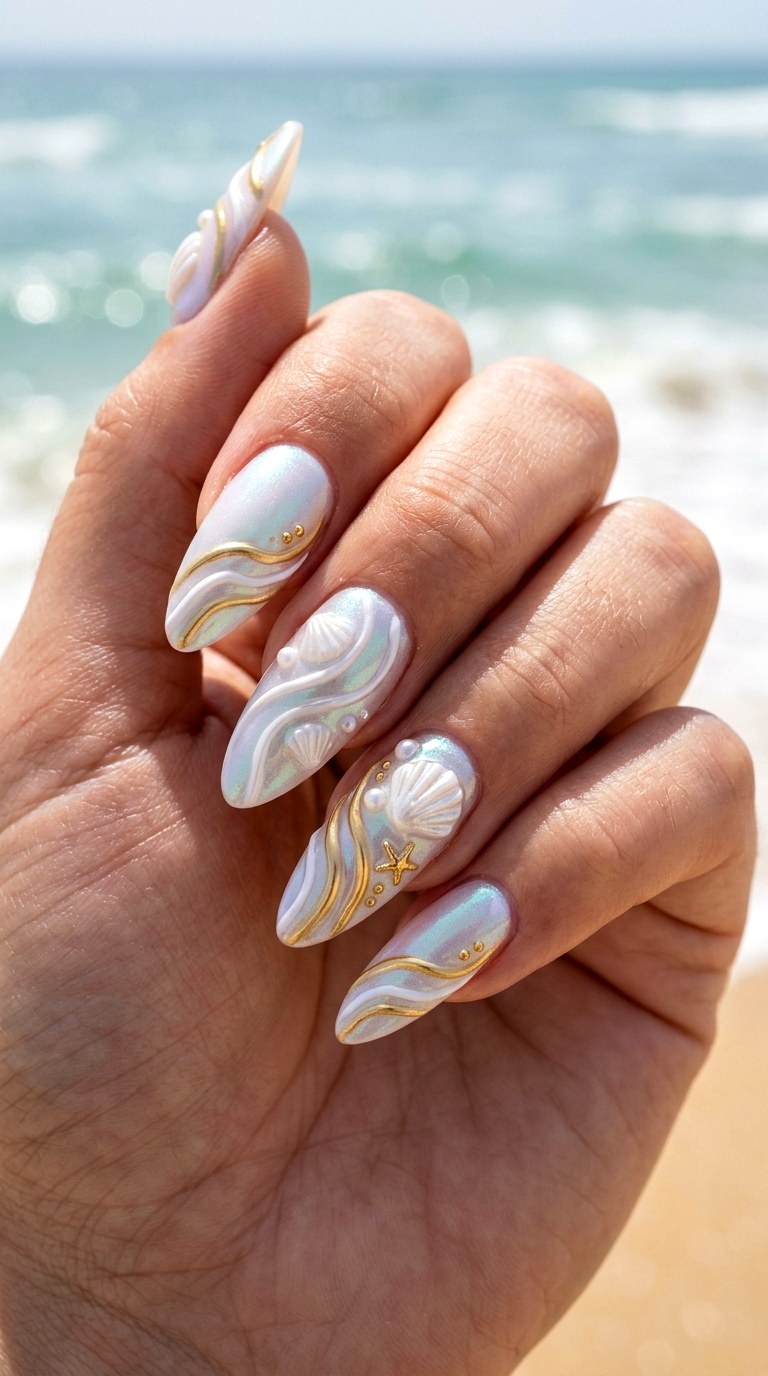 Seashell Chrome Wave Nails - 23 Iridescent Pearl and gold starfish shell nail shimmer design ideas