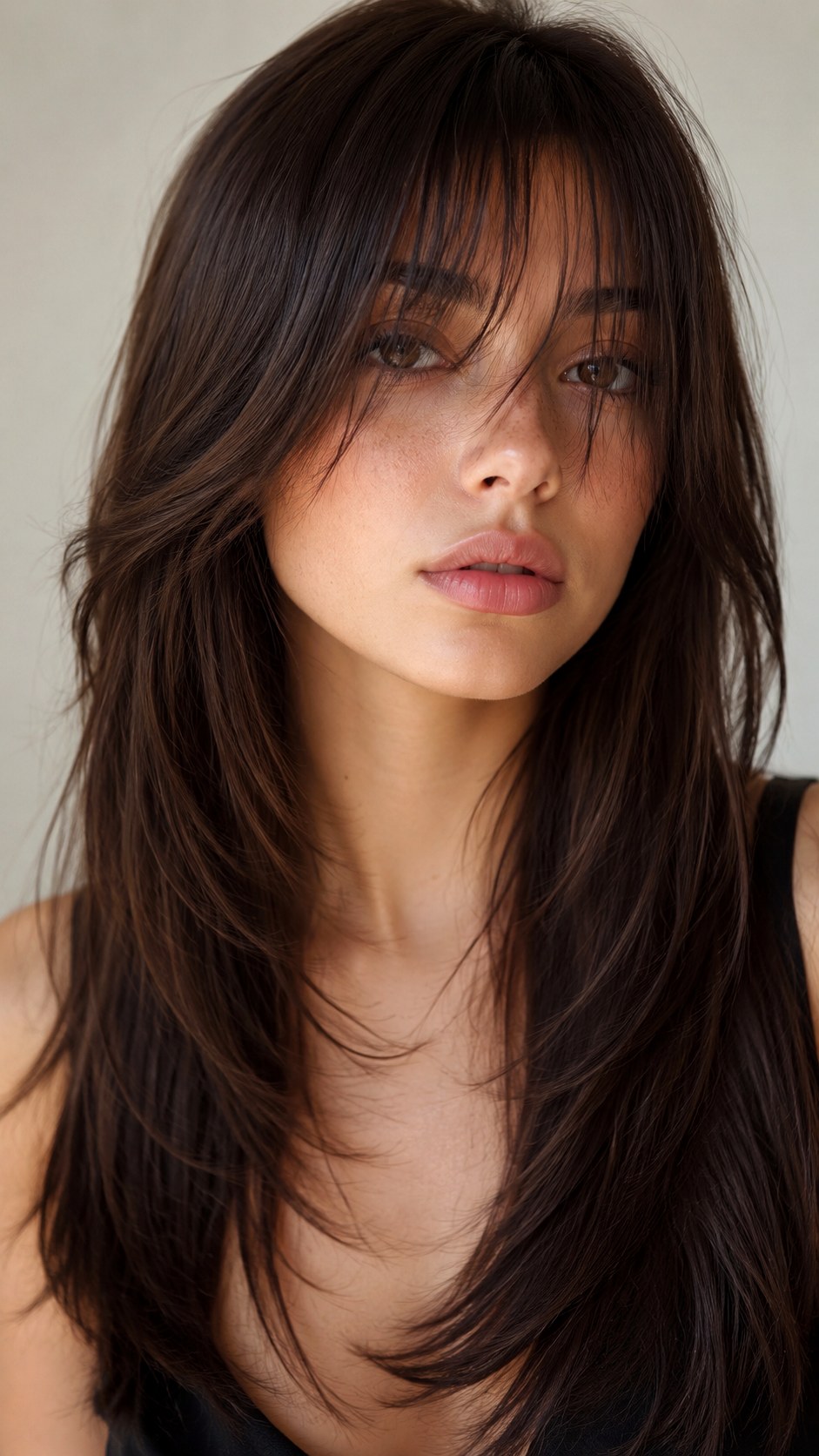 See Through Bangs with Feathery Layers - 20 Long Layered Hair with Bangs Ideas