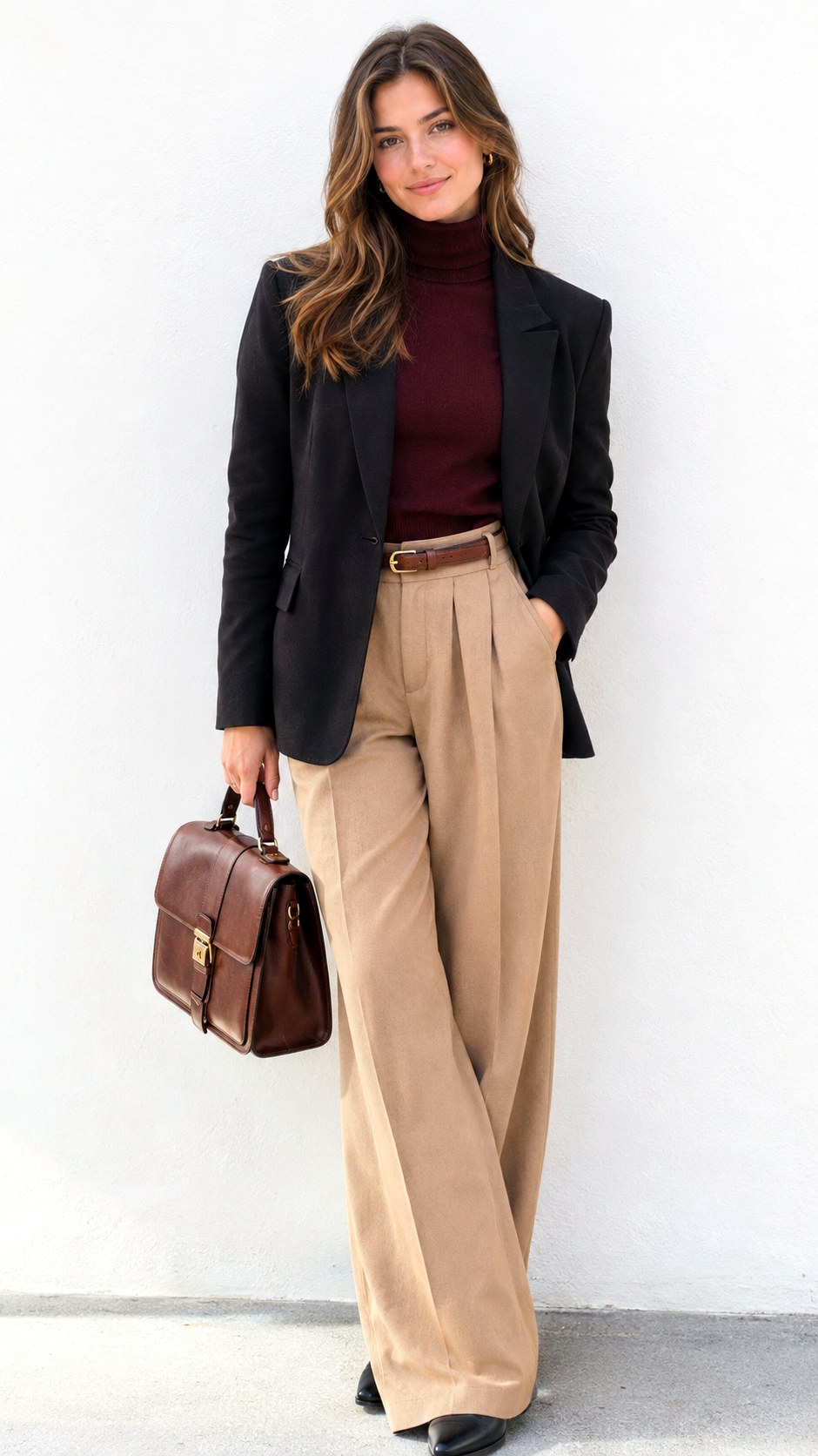Sharp Turtleneck and Pleated Trousers With Black Blazer - 22 black blazer outfit ideas