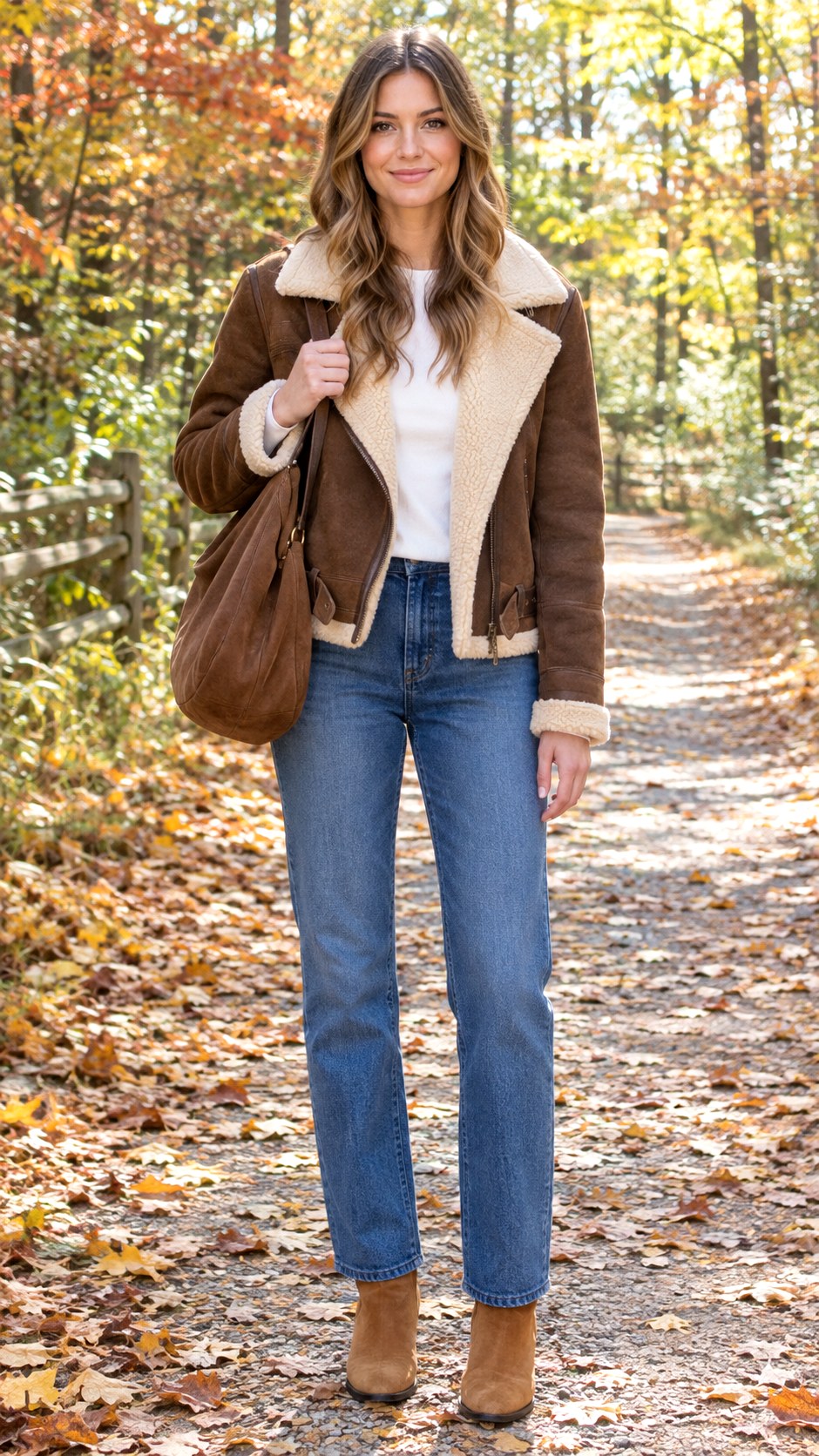 Shearling Jacket Over Basic Tee Jeans - 20 casual fall outfit look ideas