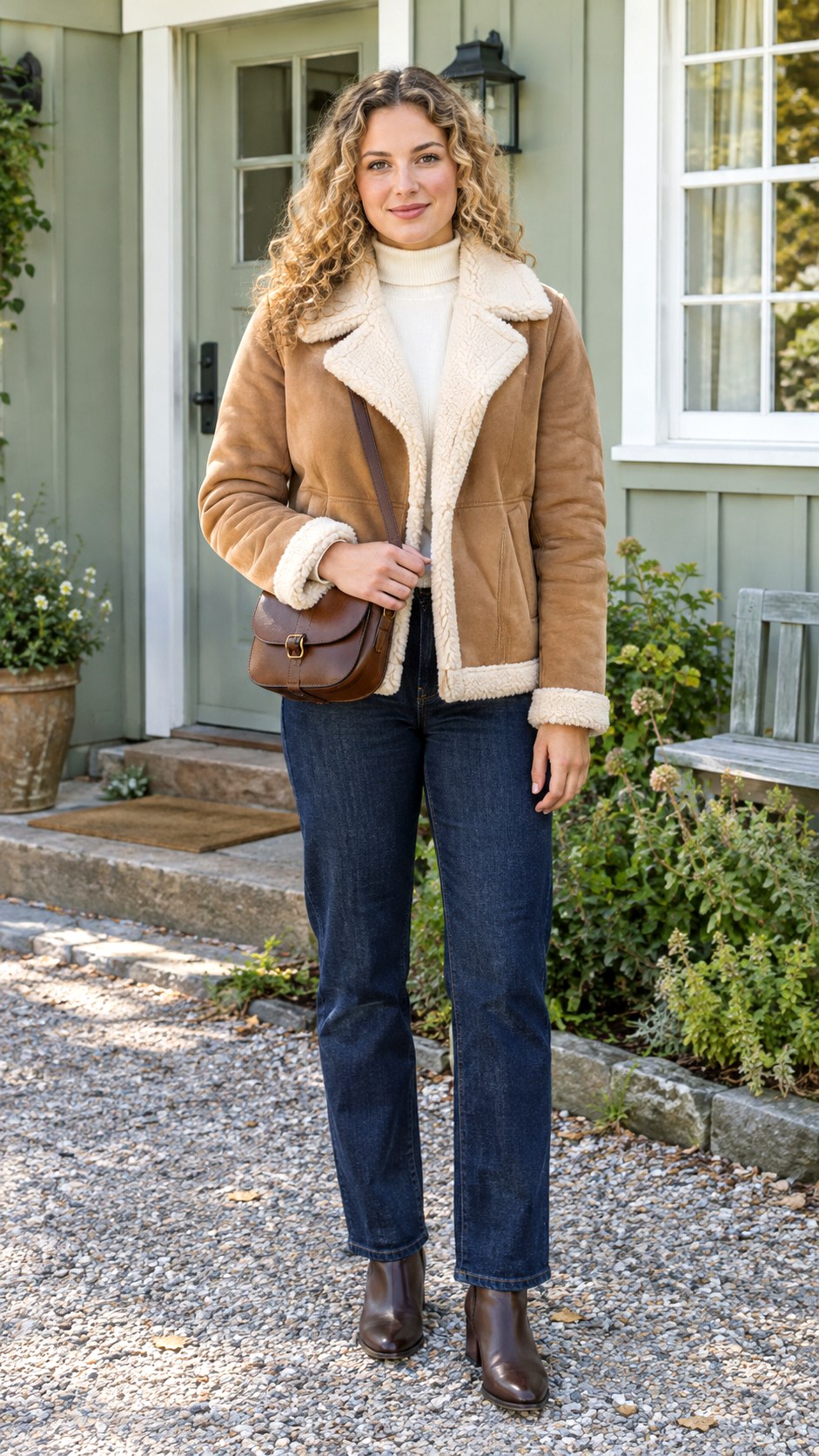 Shearling Jacket With Dark Straight Jeans - 20 fall jackets outfit ideas