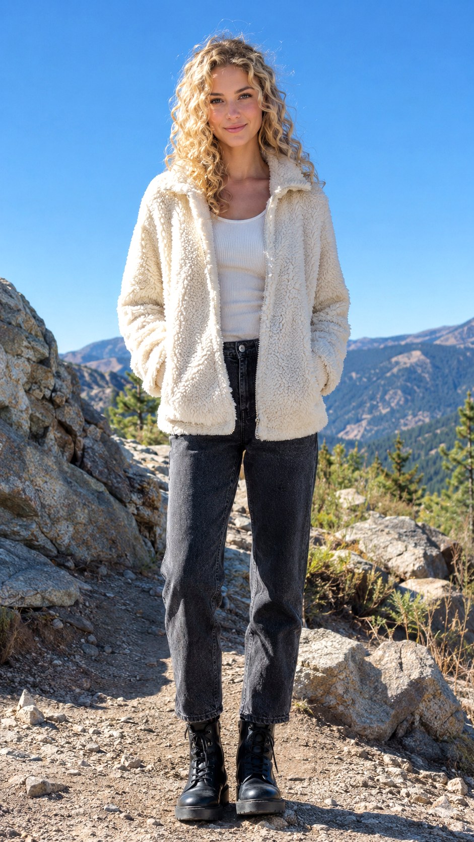 Sherpa Jacket and Faded Black Denim - 21 casual fall outfit for women look ideas