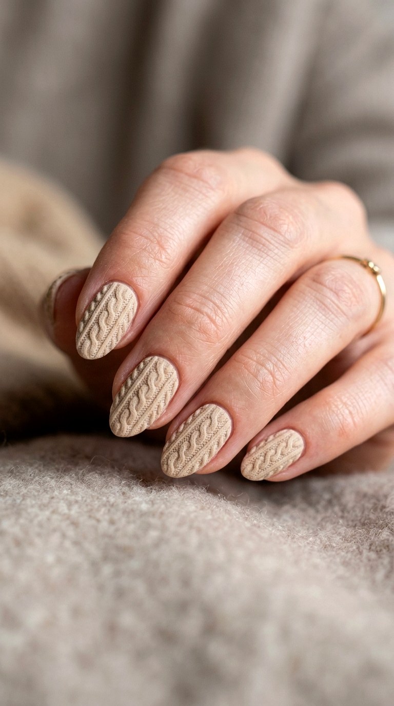 Short Almond Sweater Textured Nails - 23 sweater nails fall nail art design ideas