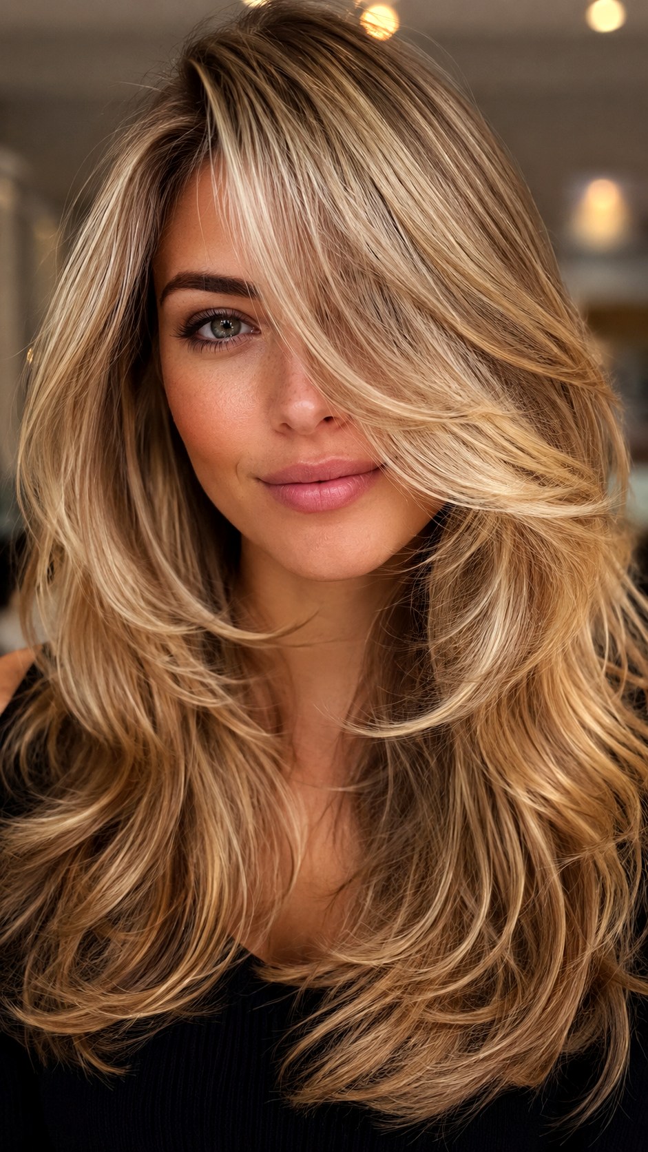 Side Swept Bangs with Deep Layers - 20 Long Layered Hair with Bangs Ideas