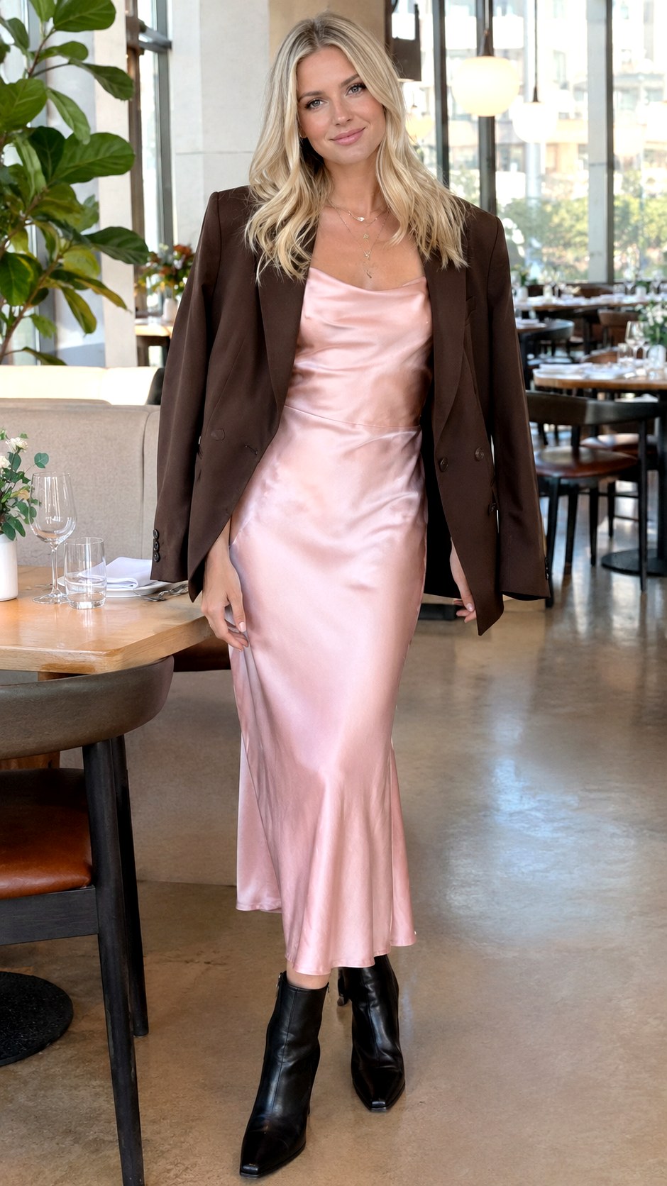 Silk Slip Dress and Ankle Boots - 23 brown blazer outfits for women ideas