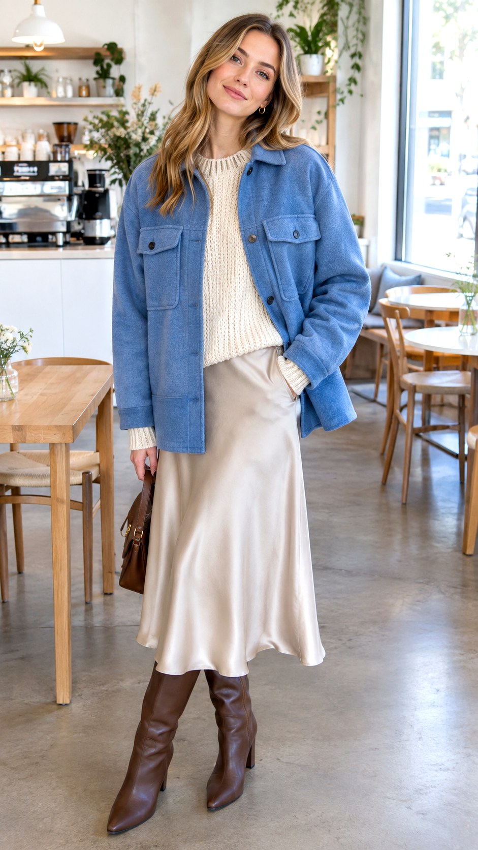 Silk Slip Skirt and Chunky Knit Sweater - 20 blue shacket outfit ideas