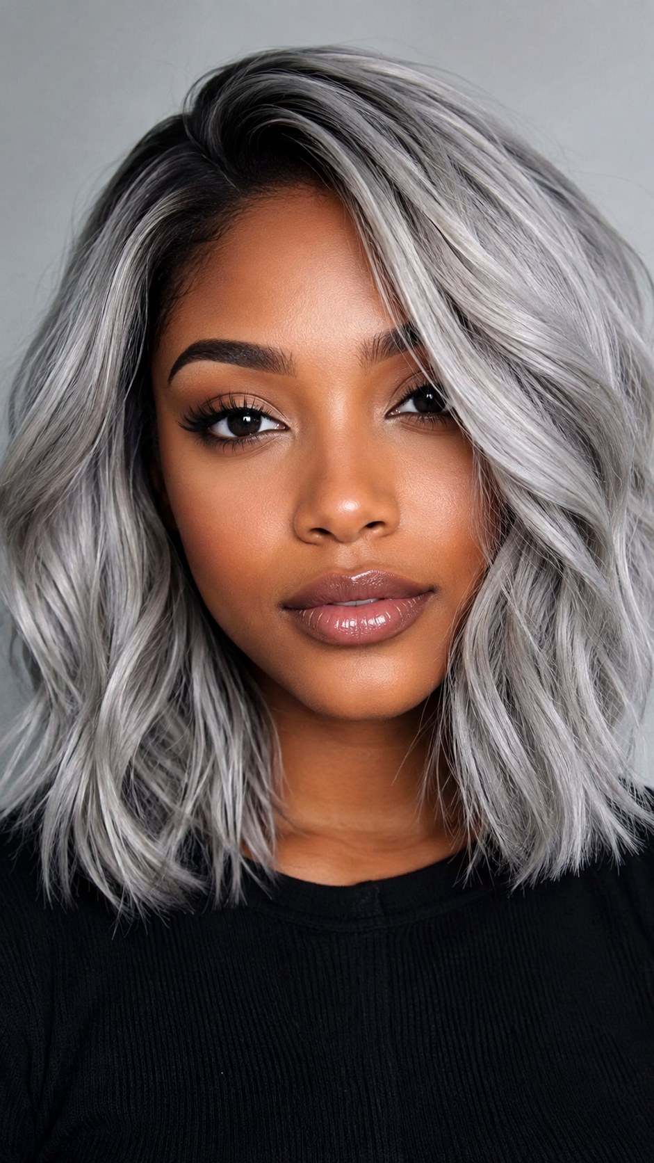 Silver Ash Grey on a Wavy Lob - 23 hair color for brown skin ideas