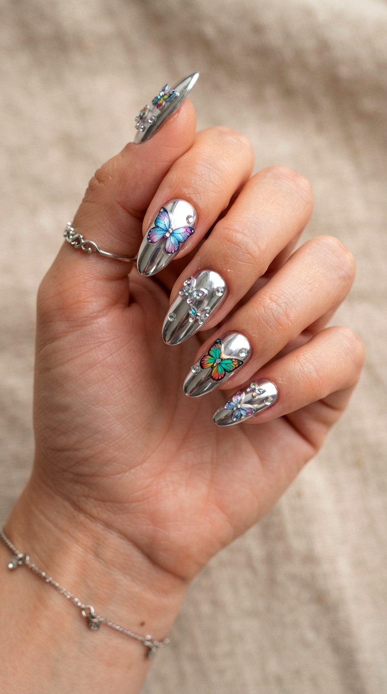 Silver Chrome Butterfly Almonds - 22 retro Y2K almond nail ideas