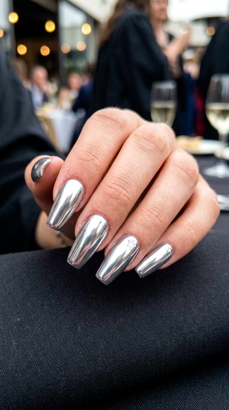 Silver Chrome Coffin Nails - 25 graduation Nail art inspiration ideas