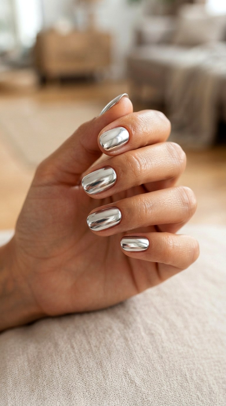 Silver Chrome Oval Nails - 24 oval short nail ideas