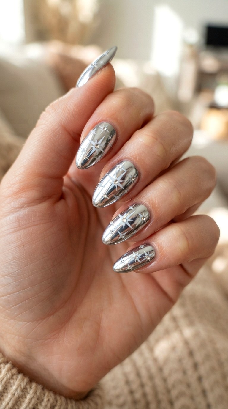 Silver Chrome Starbursts - 22 retro Y2K almond nail ideas